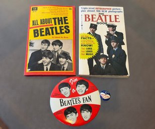 Vintage Beatles Fan Memorabilia Featuring 1960s Books, Official Fan Pin And Beatles Button