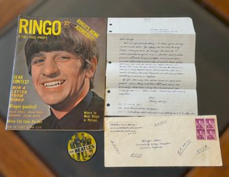 Authentic 1964 Beatles Fan Letter To Hospitalized Ringo Starr, 'Ringo' Pinup Magazine And Lenticular Ringo Pin