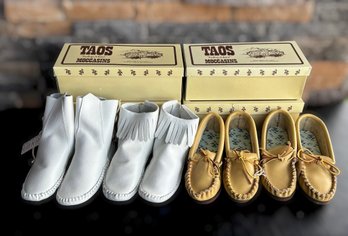 Taos 'Indian Maid' Leather Moccasins Featuring Natural-tone & White Shoes Sizes 7 & 7.5 - Lot Of 4