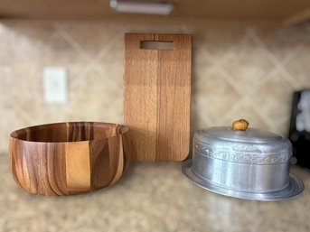 Acacia Sunburst Salad-for-Two Bowl, Cutting Board And Vintage West Bend Aluminum Cake Carrier