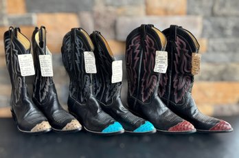 Panhandle Slim Black Western Cowboy Boots Featuring Turquoise, Burgundy, & Brown Ostrich Tips Mens 8D - 3 Pair