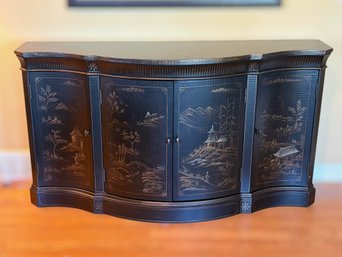 Ethan Allen Solid Wood Black Chinoiserie Serpentine Buffet Cabinet
