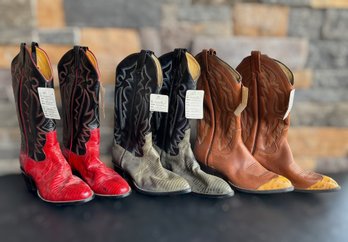 Panhandle Slim Western Cowboy Boots Featuring Red & Grey Lizard Skin, & Yellow Ostrich Tips Mens 8D - 3 Pair