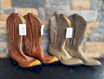 Panhandle Slim Western Cowboy Boots Featuring Tan Lizard Skin & Yellow Ostrich Tip Mens 8.5D - 2 Pair