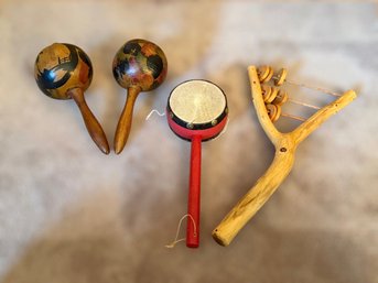 Wonderful Traditional Instruments W/ Maracas, Wood Sistrum Rattle, & Denden Daiko Pellet Drum -lot Of 3