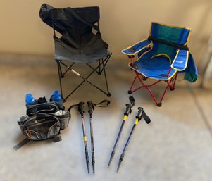 Outdoor Camping & Hiking Gear Lot Including Two Folding Chairs, Trekking Poles And More