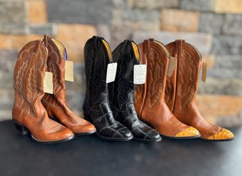 Panhandle Slim Western Cowboy Boots Featuring Calf Hide & Black & Yellow Ostrich Legs/Tips Mens 9.5D - 3 Pair