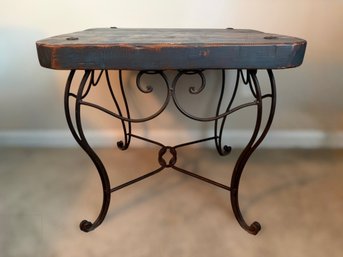 Rustic Distressed Wood And Wrought-iron End Table With Scrollwork Metal Base