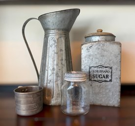 Vintage Galvanized Metal Pitcher, Sugar Canister, Hormel Glass Jar, & Measuring Cup - Lot Of 4