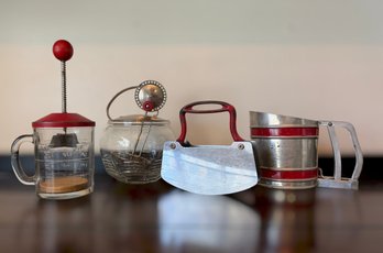Vintage Red Metal & Glass Cooking Supplies W/ Measuring Cup/chopper, Egg Cream Beater, Flour Sifter, & Slicer