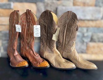 Panhandle Slim Western Cowboy Boots Featuring Tan Lizard Skin & Yellow Ostrich Tip Mens 7.5D - 2 Pair
