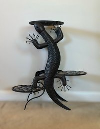 Whimsical Metal Lizard Three Tier Plant Stand With Mosaic Tile Shelves