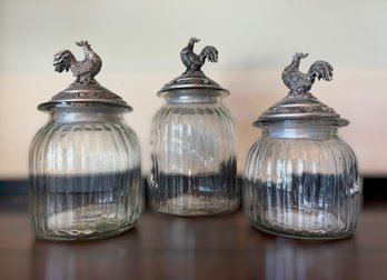 Charming Pewter Rooster Ribbed Glass Canisters - Lot Of 3