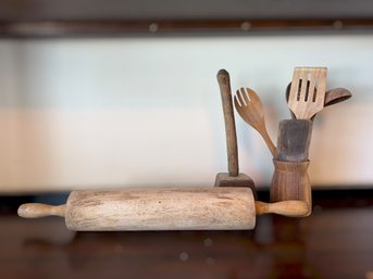 Vintage Wooden Rolling Pin, Fruit Smasher Mallet, & Kitchen Utensil Set