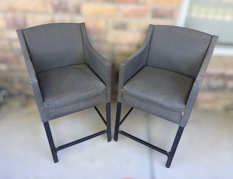 Matching Pair Of Outdoor Barstool Arm Chairs With Charcoal Mesh Seats And Backs