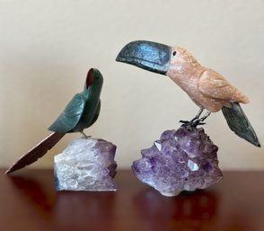 Carved Stone Toucan & Parrot Bird Figurines On Amethyst Crystal Bases