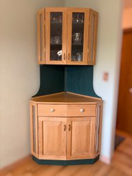 Rolling Solid Wood Corner Hutch W/textured Panels & Upper Doors W/ Glass Inserts