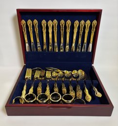 Luxurious Gold-tone International Stainless Steel Flatware Set W/ Metal & Plastic Napkin Rings And Wood Case