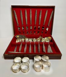 Great Community Silver-plate Floral Tangier Design Flatware W/ Napkin Rings & Wood Case