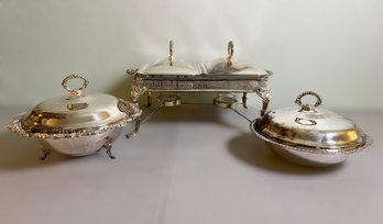 Ornate Silver-plate W.M Rogers & Towle Serving Bowls W/ 1.5 Qt Glass Bowl Inserts & Double Chafing Dish