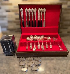 Lovely W Rogers Oneida Silver-plate Flatware Set In Wood Case W/ Napkin Rings & Candlestick Holders