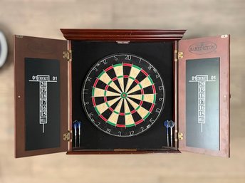 Barrington Billiards Wood Dartboard Cabinet With 18 Inch Bristle Board, Darts And Scoreboard