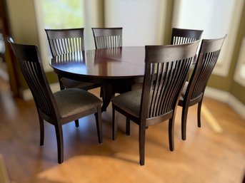 Walter Of Wabash Dining Table Featuring Cherry & Espresso Finish Wood W/ 6 Curved Slat-back Upholstered Chairs