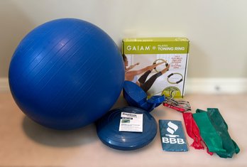 Reebok Balance Disk, Gaiam Pilates Toning Ring, Yofit Foot Rocker, Jump Rope, Yoga Ball, Cooling Rag, & Bands