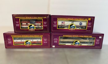 M.T.H. Die Cast Metal O Scale Train Cars W/ NASA Tank Car, BNSF Mail Car, Burlington Caboose, 4-bay Hopper Car