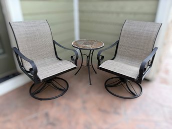 3-Piece Round Patio Bistro Set Featuring A Sling-back Swivel Chairs And A Stone-topped Table
