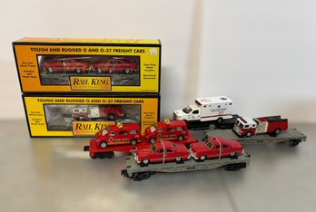 Assortment Of Firefighting Themed Model Train Cars From M.T.H., Rail King, & Lionel W/ Transport Flat Cars