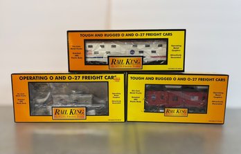 Rail King Die Cast Metal O & O-27 Scale Train Cars W/ NASA Bunk Car, Bay Window Caboose, Flatcar W/ Helicopter