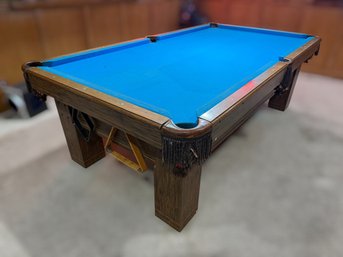 Traditional Wood Pool Table With Blue Felt & Decorative Tassel Pockets Including Billiard Balls