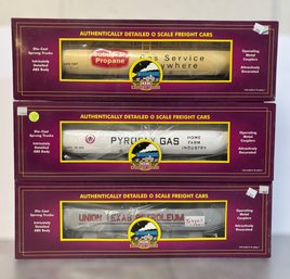 M.T.H. Electric Trains Die Cast O Scale 33k Gallon Tank Cars W/ Union Texas, Pyrofax Gas, & Suburban Propane