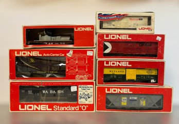 Lionel Model Train Cars W/ Searchlight, Gondola, Food & Rutland Box Cars, Domino Billboard Hopper, & More