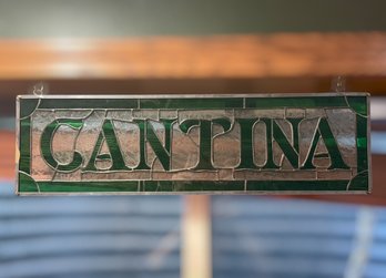 Stained Glass 'Cantina' Wall Sign With Green & Clear Frosted Glass Background (23x7 Inches)