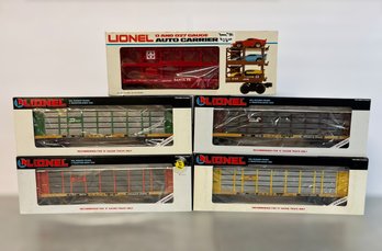 Lionel O Gauge Model Auto Carrier Train Cars W/ D&RG, Burlington Northern, Union Pacific, Santa Fe, & Conrail