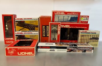 Lionel Model Train Track Accessories & Decorations W/ Remote Control Switches, Bridge, Phone Poles, & More