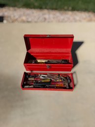 Vintage Red Metal Tool Box With Assortment Of Tools