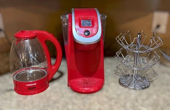 Vibrant Red Keurig And Farberware Electric Kettle W/ K-Cup Organizer