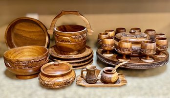Vintage Hand Carved Wooden Tiki Barware Set W/ Teak Monkey Pod Serving Tray & Goblets Mid Century Boho Decor