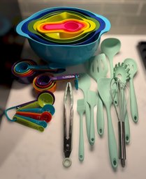 Joseph Joseph Measuring Bowls And Vibrant Cups With Robin Egg Blue Silicone Cooking Utensils