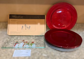 Pampered Chef Rectangular Snowmen Platter And Silver And Red Chargers