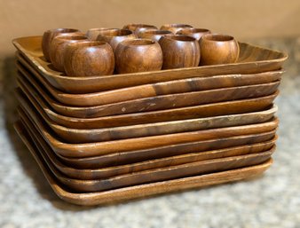 Vintage Monkey Pod Teak Wood Serving Plates And Napkin Ring Holders