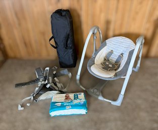Baby Folding Play Yard, Ingenuity Swing N Go Portable Baby Swing, Baby Carrier & Size 2 Diapers - Set Of 4