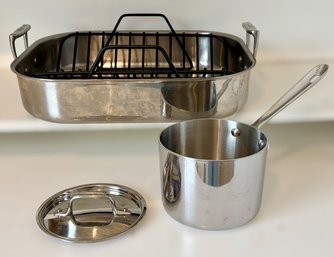 Stainless Steel Roasting Pan W/ Nonstick Rack & Small Saucepan W/ Lid - Set Of 2