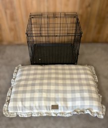 Foldable Metal Dog Crate & Gray Plaid Dog Bed W/ Ruffle - Set Of 2