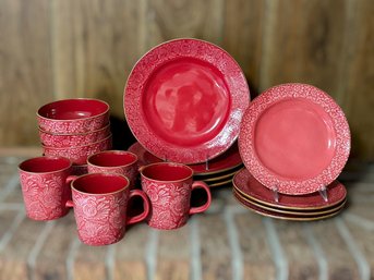 16 Piece Cooks Essentials Red Ceramic Embossed Floral Design Dinnerware Set For Four
