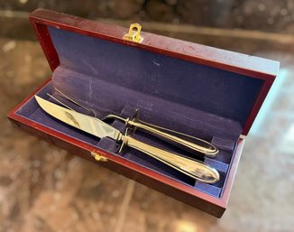 Vintage Hampton Silversmiths Stainless Steel Carving Set Featuring A Knife & Fork In A Wooden Box