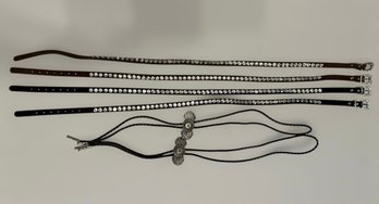 Western Rhinestone Hatband Collection Featuring Crystal Accented Leather Bands And Silver Tone Bolo Ties
